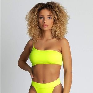 MESHKI One Shoulder Bikini Top Neon Yellow XL